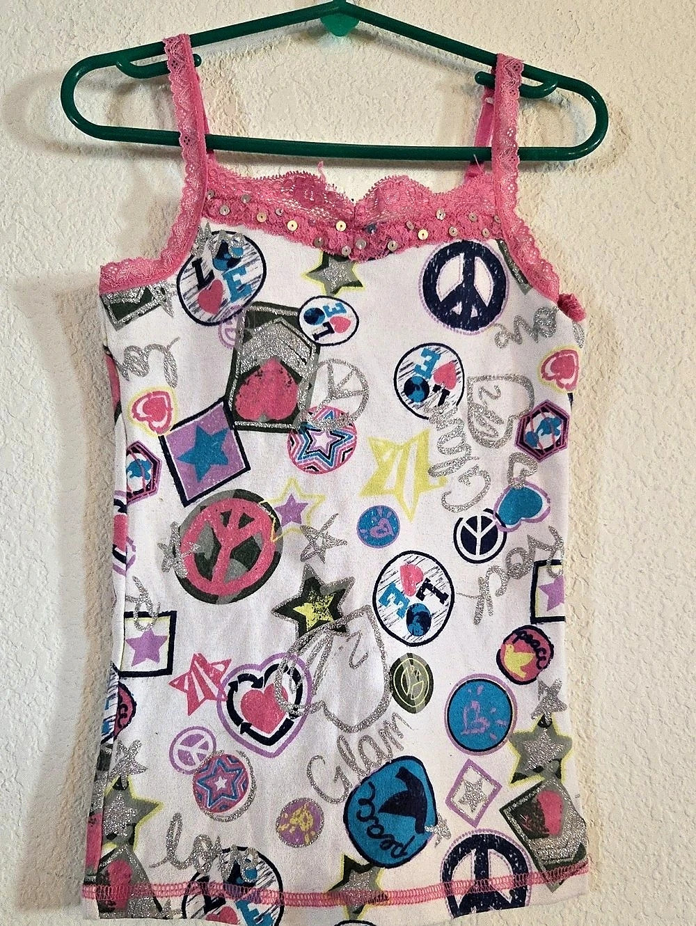 Justice Peace and Love Graphic Cami Tank Top Girls 6/7 Pink & White